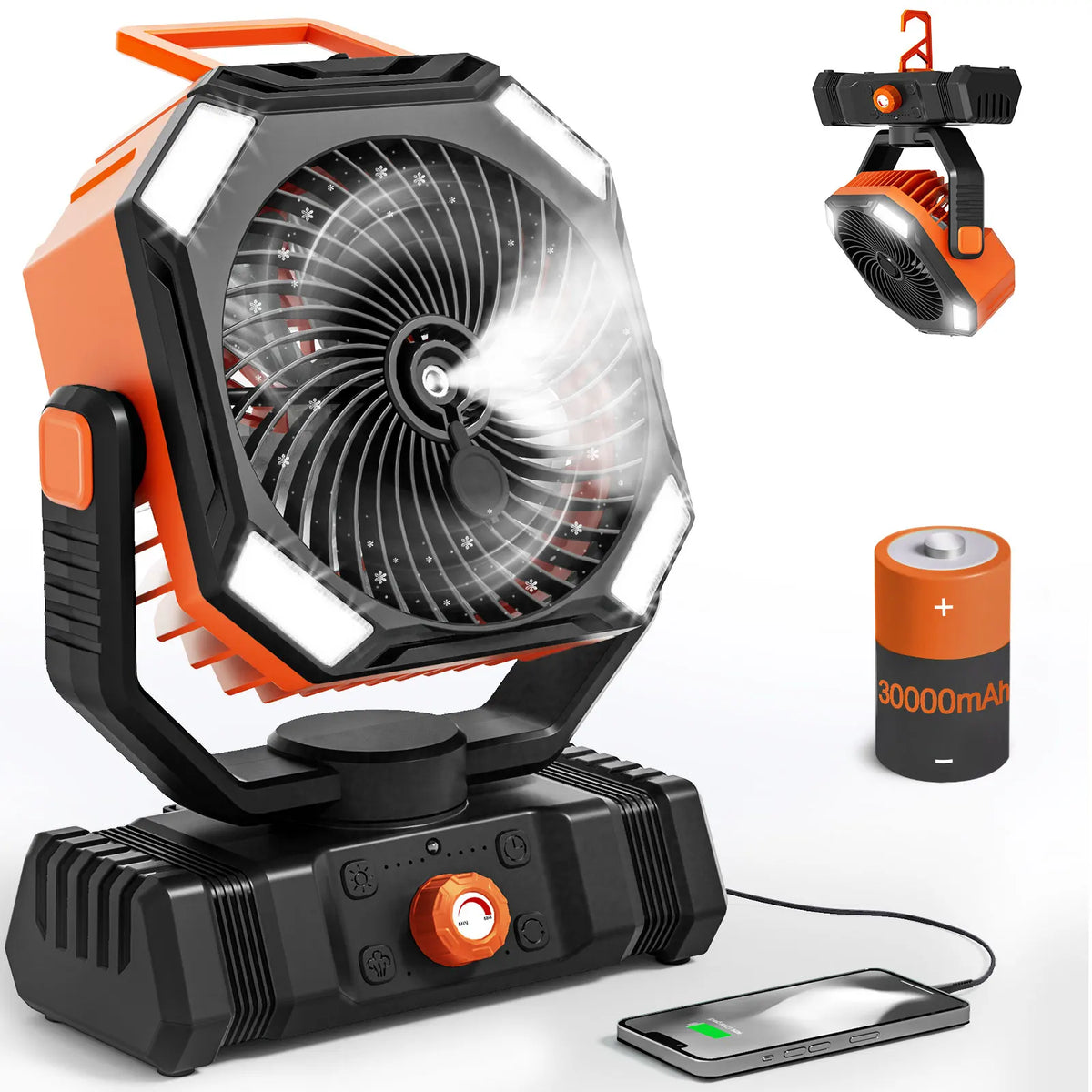 30000mAh Battery Powered Orange Misting Fan for Outdoor Beach Tent - Portable Battery Operated Tent Air Conditioner For Camping Fan Rechargeable