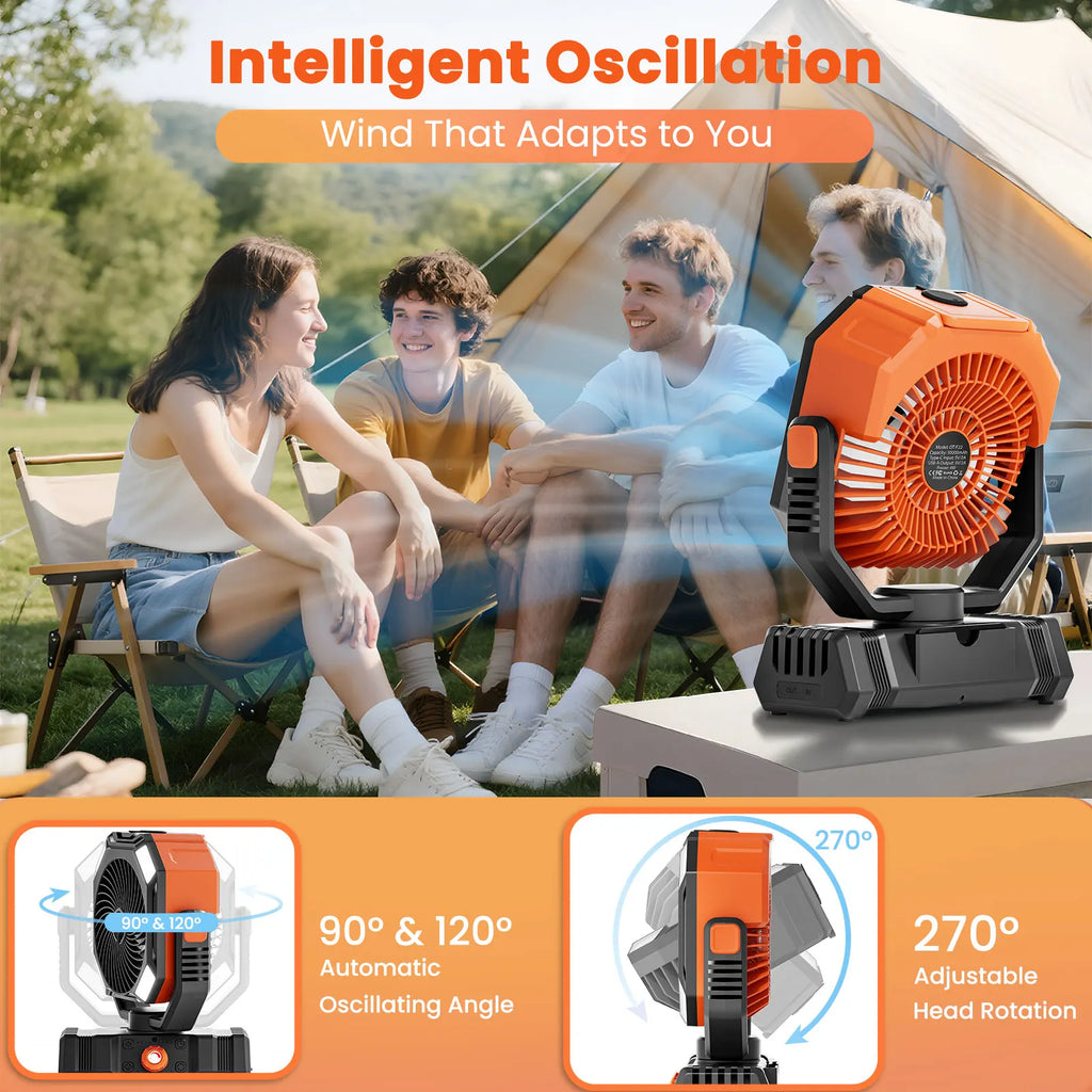 30000mAh Battery Powered Orange Misting Fan for Outdoor Beach Tent - Portable Battery Operated Tent Air Conditioner For Camping Fan Rechargeable