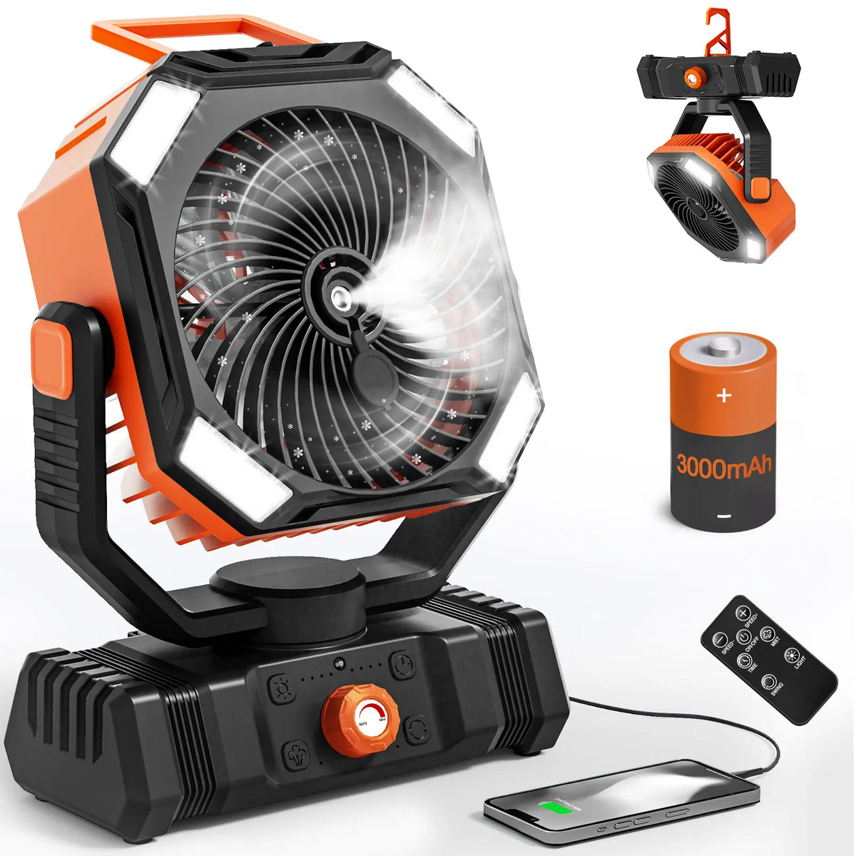 30000mAh Battery Powered Orange Misting Fan for Outdoor Beach Tent - Portable Battery Operated Tent Air Conditioner For Camping Fan Rechargeable