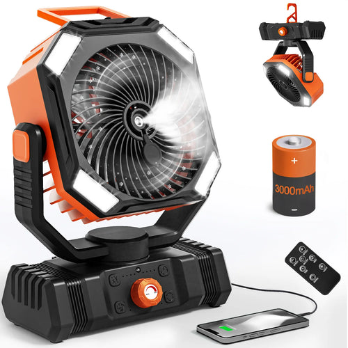 30000mAh Battery Powered Orange Misting Fan for Outdoor Beach Tent - Portable Battery Operated Tent Air Conditioner For Camping Fan Rechargeable